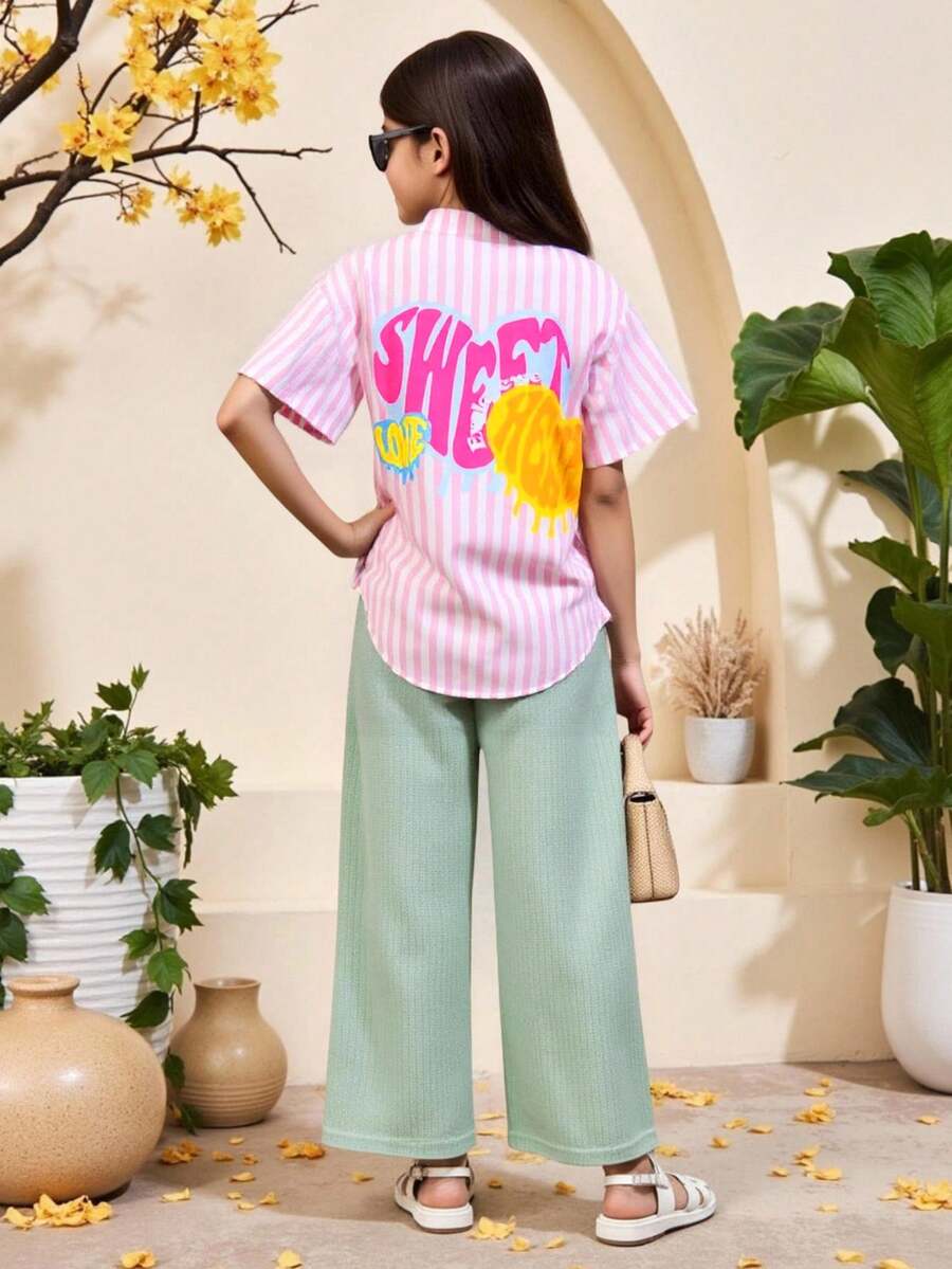 Girls Stripe Shirt + Heart Graffiti Versatile Design + Cool Sweet Street Style Outerwear Shirt, Summer - Pink - View 1