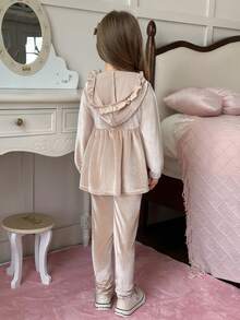 Elladie kids 2pcs/Set Young Girl Autumn/Winter Velvet Fabric Long Sleeve Hooded Sweatshirt With Ruffle Trim & Elastic Waist, Casual Leggings Set - Khaki - View 2