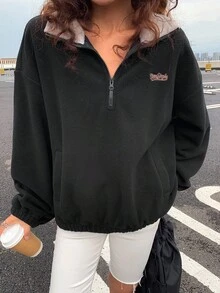 Livesso Áo nỉ chui đầu dáng rộng thoải mái cho nữ có màu tương phản, lót giữ nhiệt, thêu chữ và họa tiết hoạt hình, cổ đứng, khóa kéo nửa phía trước, thích hợp mặc vào mùa thu đông, lót giữ nhiệt - màu đen - Xem 4