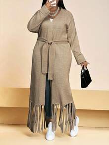 Slaydiva Cardigan de Manga Longa com Amarração na Frente, Franjas e Cor Sólida Minimalista para o Dia a Dia, Plus Size, para Outono/Inverno