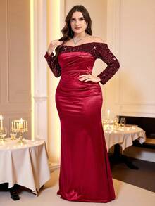 Coutiva Vestido de noite formal plus size com lantejoulas, patchwork, babados, ombro de fora, manga comprida - Borgonha - Ver 6
