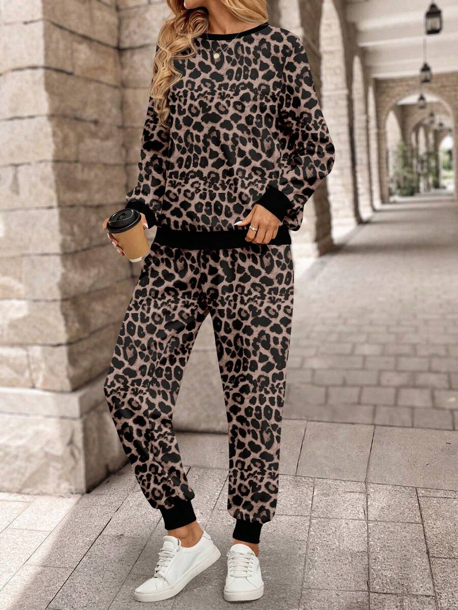 EMERY ROSE Women's Long Sleeve Leopard Print Patchwork Sweatshirt And Long Sweatpants Winter Sets Two Pieces Set Women Leopard Set - Multicolor - View 1