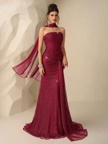 Coutiva 秋冬优雅亮片抹胸性感露背下摆扭褶修身鱼尾裙，适合音乐节、生日派对、情人节、圣诞节、婚礼宾客礼服、半正式礼服、毕业典礼 - 酒紅色 - 查看 13