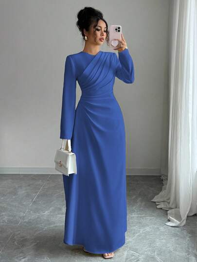 Lyxana Women's Elegant Formal Office Commute Casual Vacation Party Vintage Teacher Autumn Middle Eastern Style Solid Color Round Neck Waist Pleated A-Line Long Sleeve Maxi Dress, Light Yellow