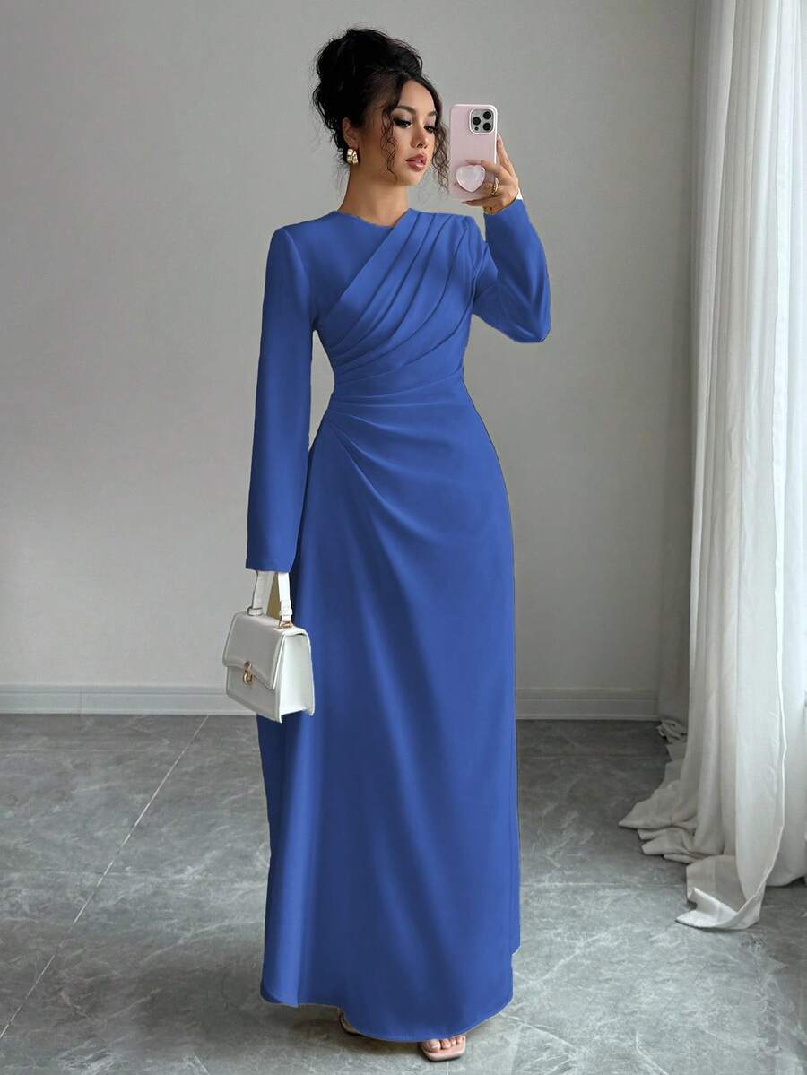 Lyxana Đầm Maxi Tay Dài Cổ Tròn Xếp Ly Eo Cho Nữ, Màu Trơn, Thanh Lịch, Trang Trọng, Công Sở, Đi Làm, Dịp Nghỉ, Tiệc Tùng, Cổ Điển, Phong Cách Trung Đông, Mùa Thu, Màu Vàng Nhạt - Màu xanh lam - Xem 1