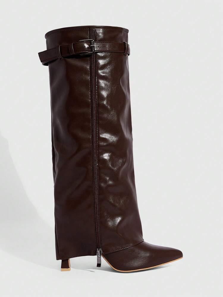 CUCCOO SZL Botas altas de tacón de aguja de punta fina para mujer, color café, de moda y sexy para discoteca, fiesta, otoño/invierno
