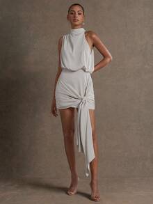 L'Amorae Asymmetrical Mock Neck Draped Front Satin Mini Dress With Sash Elegant Wedding - Apricot - View 4