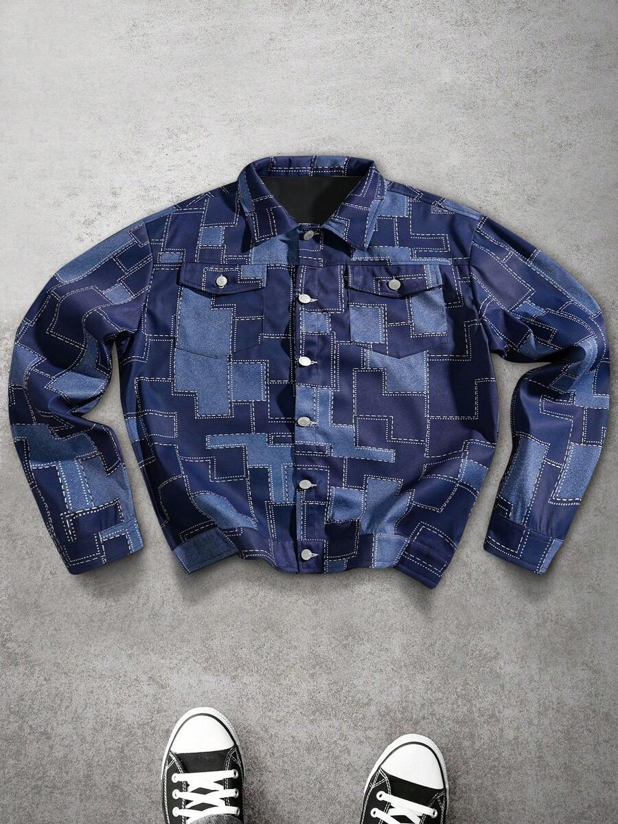 Manfinity EMRG Áo khoác denim rách đa năng thường ngày cho nam, phong cách Ins, Thu/Đông - Màu xanh lam - Xem 1