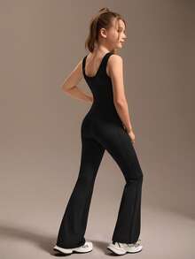 SHEIN Czarny, obcisły kombinezon dla nastolatek, modny, bardzo elastyczny materiał, dopasowany krój, do ćwiczeń, na co dzień