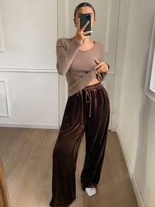 DAZY 女士极简主义抓绒针织上衣和磨毛休闲裤睡衣套装，秋冬季，舒适保暖 - 咖啡棕 - 查看 6