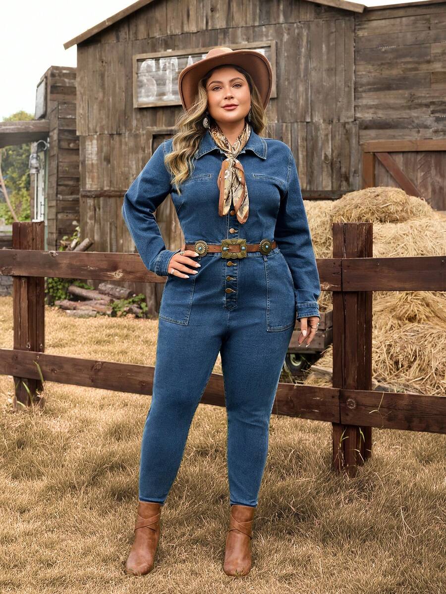 EMERY ROSE Bộ đồ liền thân denim co giãn phong cách phương Tây cổ điển cỡ lớn dành cho nữ - Rửa tối - Xem 1