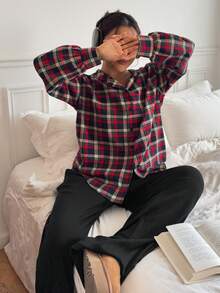 DAZY Ensemble pyjama femme avec Top à capuche ample à carreaux et pantalon ample de couleur unie, pour l'automne et l'hiver - Rouge - Voir 3