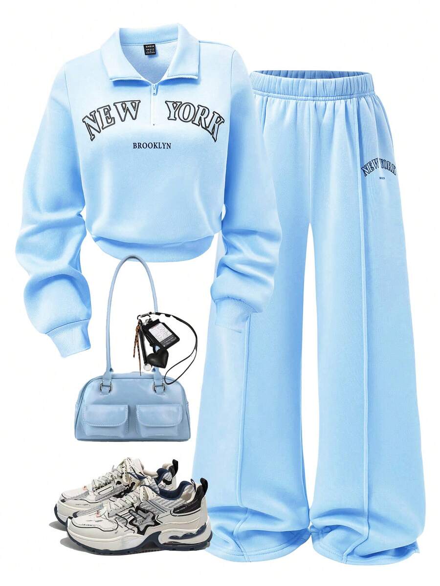 SHEIN 2pcs Women Set, Autumn/Winter New, Light Blue Stand Collar Zip-Up Hoodie, Matching Long Sleeve Sweatpants With Ribbed Cuffs, MEW YORK REOOKLYN Letter Print, Comfortable Casual, Mother-Daughter Matching - Baby Blue - View 1