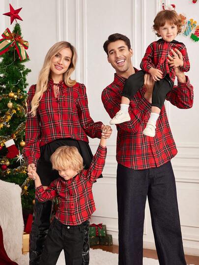 SHEIN LUNE Camisa casual de mujer con estampado de cuadros y cordones para Navidad