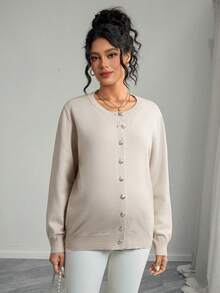 Momance Women Loose Straight Fit Front Button Solid Color Knit Cardigan, Long Sleeve Maternity Sweater For Autumn/Winter - Khaki - View 3