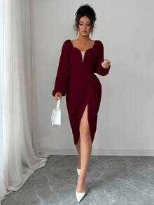 Elenzga Heart Neck Waist Cinched Ruffle Hem Slit Floral Print Elegant Romantic Women Dress, Long Sleeve - Burgundy - View 4
