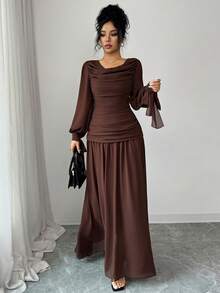 Elenzga 女士优雅雪纺连衣裙，荷叶边领，灯笼袖，系带腰部设计，适合鸡尾酒会、婚礼、毕业典礼、万圣节、圣诞节、沙特国庆节、新年等正式场合，棕色