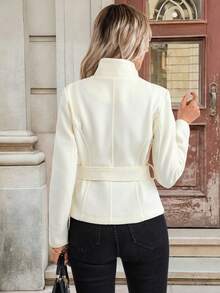 EMERY ROSE Solid Color Front Button Belted Elegant Long Sleeve Overcoat - Beige - View 2