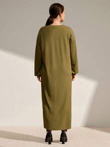 Momelise Christmas Plus Size Casual Asymmetrical Hem Long Sleeve Pullover Dress - Army Green - View 3