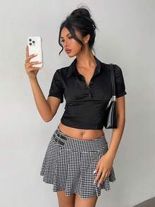 Aloruh Minifalda a cuadros con diseño de hebilla, estilo universitario - Blanco y Negro - Ver 6