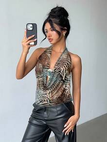 Aloruh 全新性感透视低胸露背豹纹斑马纹全覆盖金属装饰露背吊带背心，适合派对、聚会、音乐节 - 彩色 - 查看 4