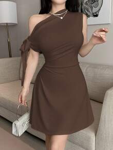 Celisse 女式不对称系带腰短连衣裙 - 棕色 - 查看 5