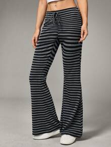 Hanevo Women's Autumn/Winter Casual Sports Yoga Gray & Black Striped Knit Elastic Flare Pants - Dark Grey - View 6