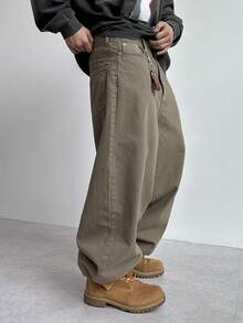DAZY 男士纯色驼色水洗复古牛仔裤，秋季 - 卡其色 - 查看 5