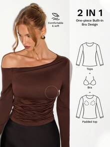 Nuvra Sexy Asymmetric-Shoulder Design Versatile Slim Fit Long Sleeve T-Shirt - Brown - View 3