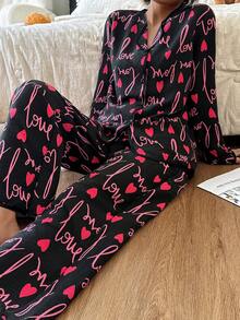 SHEIN 黑色爱心印花荷叶边前襟女士睡衣两件套，秋冬服装 - 彩色 - 查看 5