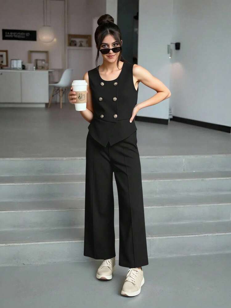 Teen Girl Casual Elegant Simple Commuting Top And Long Pants 2pcs Outfit - Black - View 5