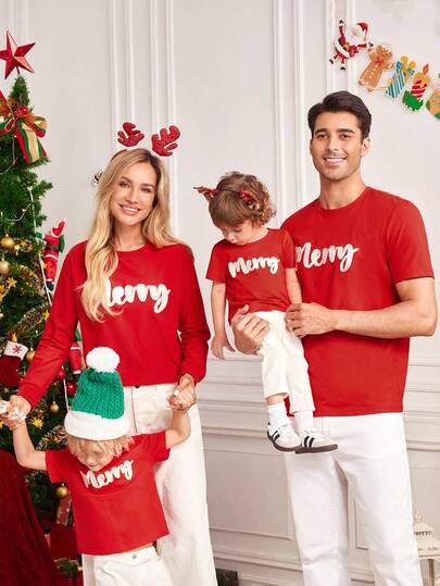 SHEIN LUNE Camiseta de manga larga casual de Navidad para mujer, camisetas rojas de Navidad festivas a juego con la familia