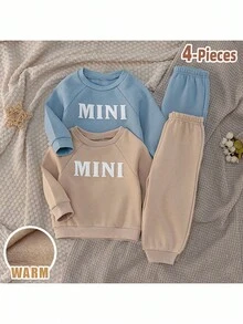 Loomiva 4pcs/Set Baby Girls Thermal Lined Mini Letter Graphic Print Crew Neck Long Sleeve Sweatshirt And Elastic Waist Jogger Pants Set, Comfortable, Versatile, Fashionable For Casual, Indoor, Outdoor, Daily Wear, Sports, Play, Party, Festival, Halloween, Christmas, New Year - Multicolor - View 3