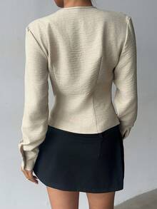 Aloruh Women's Solid Color Apricot Commuting & Formal Occasion Deep V-Neck Pleated Waist Long Sleeve Blouse - Apricot - View 4