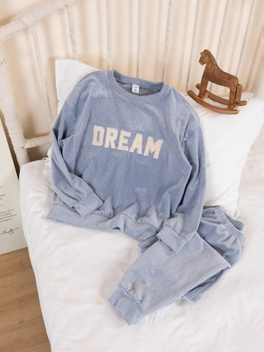 Boys' Velvet Soft Loungewear Set,Casual Loose Fit Long Sleeve Top And Pants,Korean Style Embroidered Letter Decor,Blue White Stripe,Autumn,Holiday - Blue - View 1