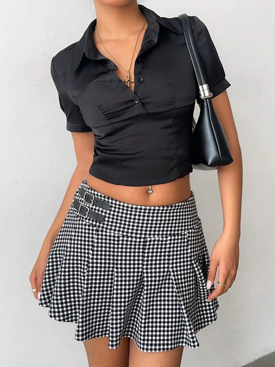 Aloruh Minifalda a cuadros con diseño de hebilla, estilo universitario - Blanco y Negro - Ver 1
