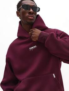 SUMWON Tokyo Japanese City Print Cropped Pullover Hoodie With Drawstring And Centre Pocket For Winter Plain - Red Violet - View 3