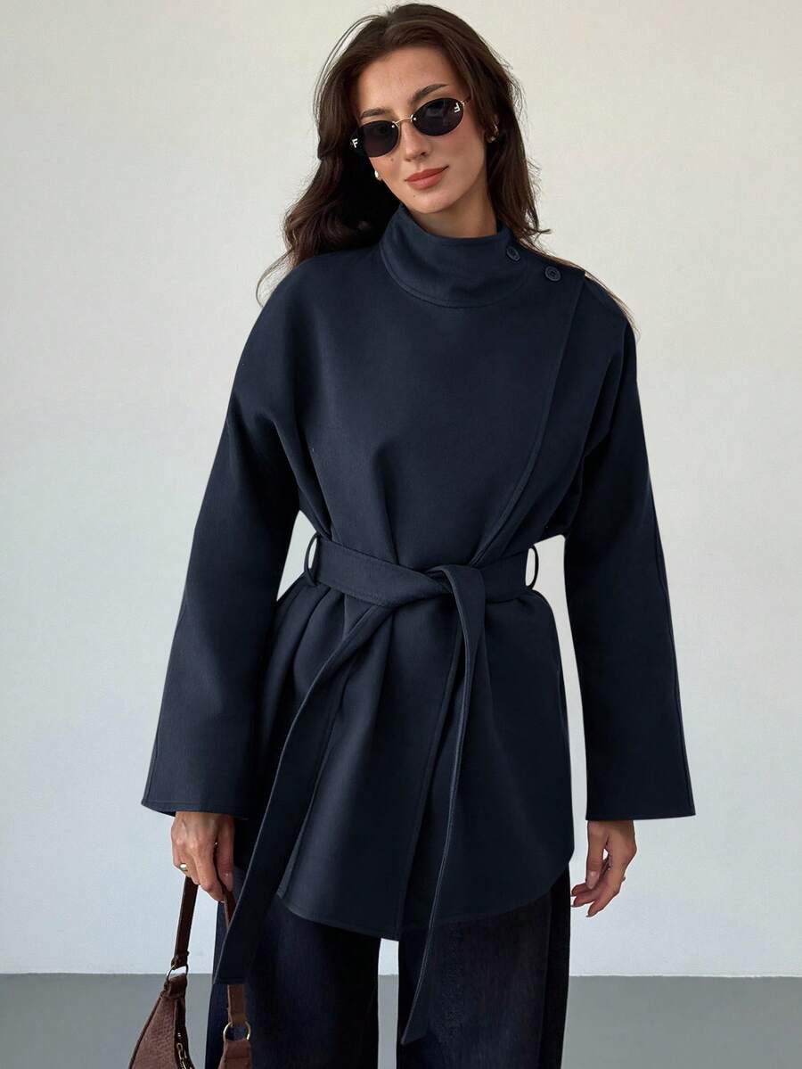 Aloruh Women's Solid Color Overcoat, Fashionable For Commuting, Autumn/Winter - Navy Blue - View 1
