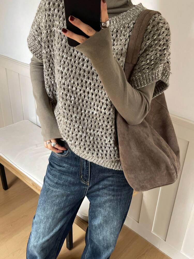 Women's Loose Business Casual Elegant Round Neck Knit Sweater Vest Two Pieces Set, Autumn/Winter