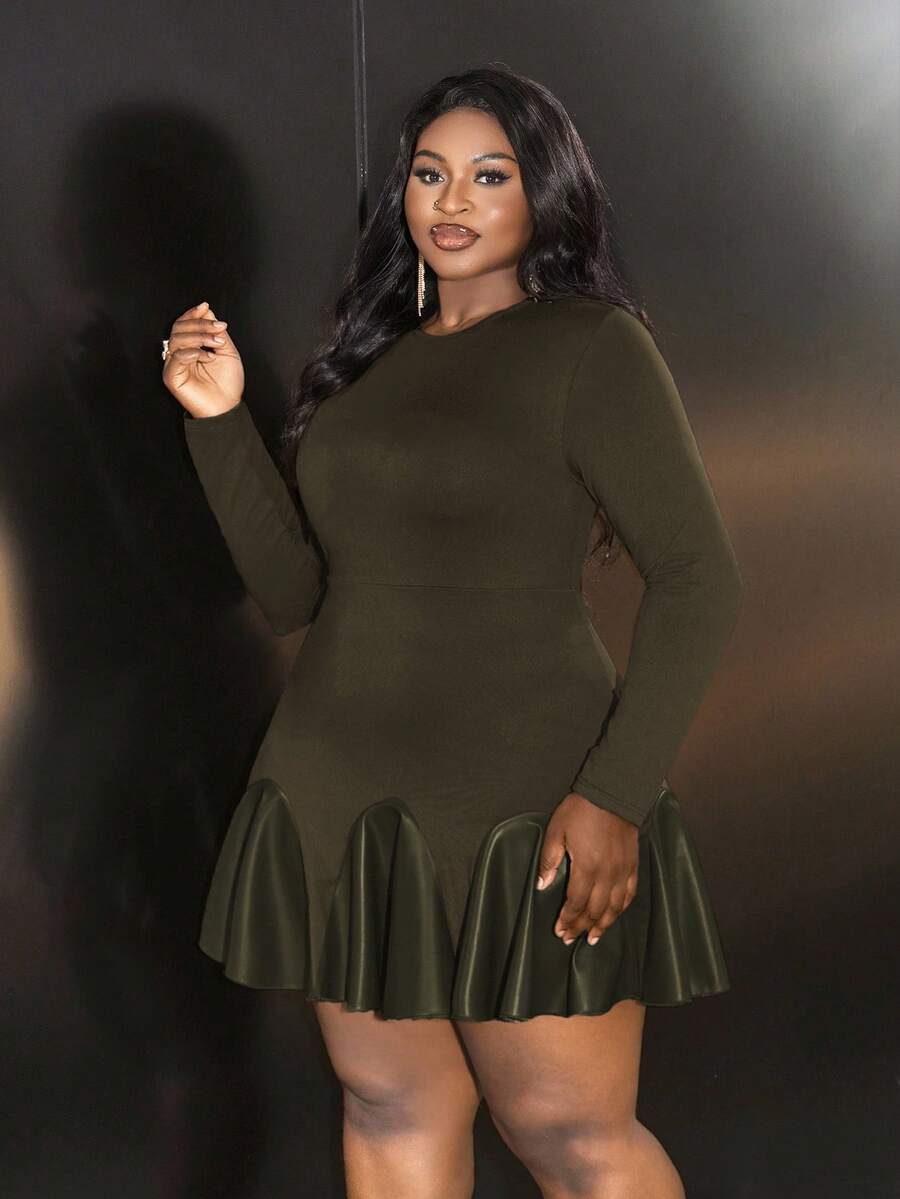 Slaydiva Elegantes, partytaugliches, für Zusammenkünfte und Dates geeignetes, schlankes, einfarbiges braunes Minikleid mit langen Ärmeln, asymmetrischem Rüschensaum und Kunstlederstoff in Große Größen, für Frühling/Herbst - Armeegrün - Übersicht 1