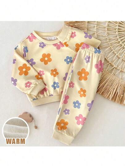 Loomiva 2pcs Baby Girl Floral Print Knit Soft Crew Neck Long Sleeve Sweatshirt And Elastic Waist Pants Set Baby Set Autumn Winter Season Toddler Linen Set Baby Girl Warm Sets Pajama Baby Set Flower Two Piece Set Toddlercozy Fall & Winter Styles