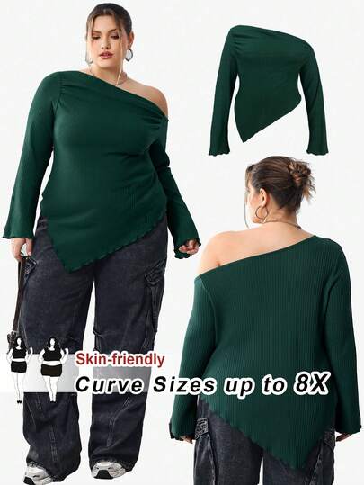 SHEIN CURVE+ 大码女式上衣不对称领口罗纹针织T恤，情人节