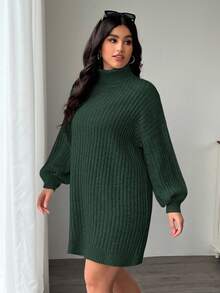 SHEIN EZwear Vestido de suéter de punto grueso y holgado con mangas de farol de cuello alto, otoño/invierno, talla grande - Verde Oscuro - Ver 5