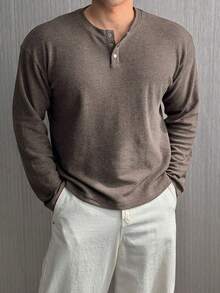 DAZY Áo thun nam cổ tròn, màu trơn, có khóa kéo nửa, màu xám đậm, mùa thu - Màu xám chì - Xem 7