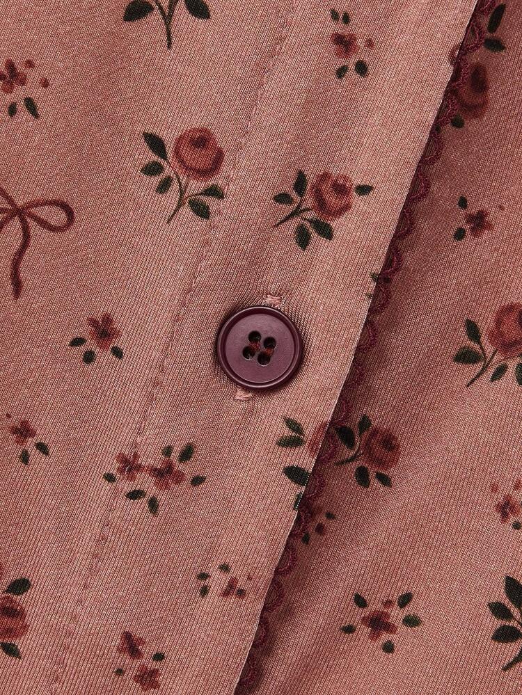 Old Rose Floral Print Pajama Set With Button-Up Cardigan And Wide-Leg Pants Fall Women Clothes Spring Summer