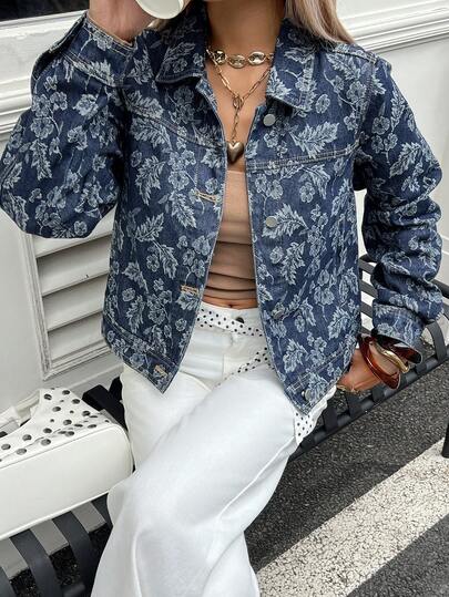 DAZY Women's Casual Floral Denim Jacket, Autumn