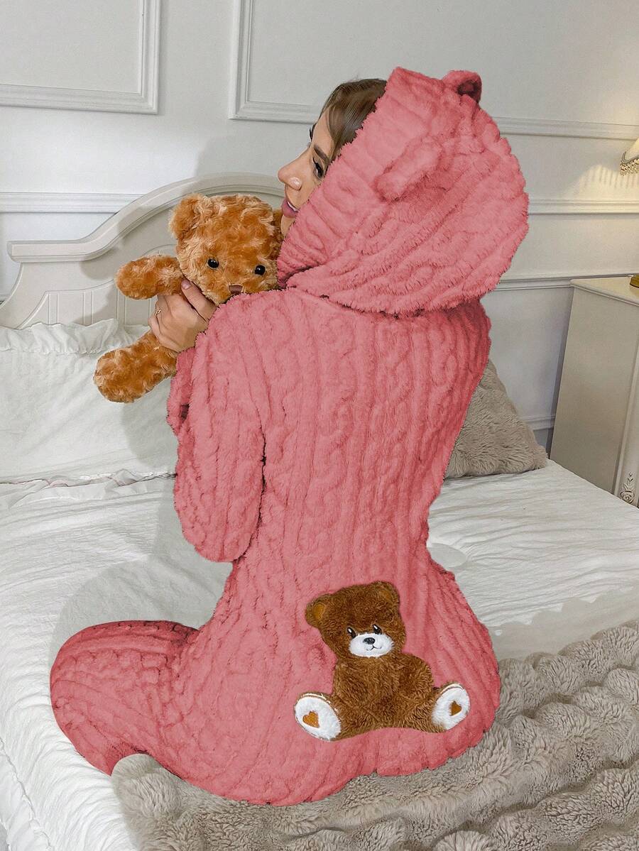 Snug Zone 女士动物连帽泰迪熊刺绣提花毛绒蓬松睡衣连体衣，冬季舒适 - 粉色 - 查看 1