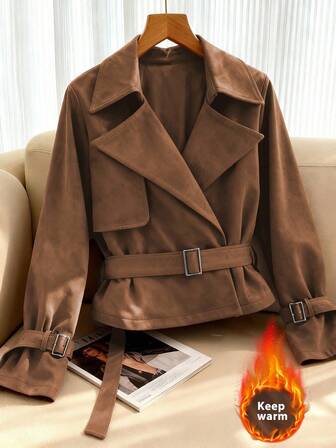 Aidyla Faux Suede Lapel Belted Long Sleeve Elegant Fashion Short Jacket For Women,Brown Blazer Belted Cropped  Suede Jacket, Winter/Fall