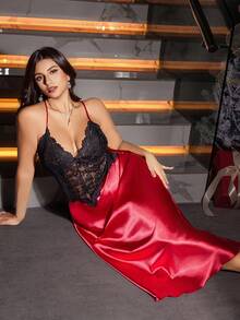 SilkySpell 1pc Women's Sexy Lace Slip Dress, Elegant Satin Plus Size Nightgown, Suitable For Outerwear All Season Lingerie Skirt Set Red And Black Lingerie Long Lingerie Dress Curve Night Gown - Burgundy - View 5