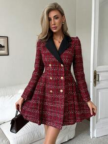 Elenzga Women's Elegant Contrast Color Textured Fabric Long Sleeve Waist Cinched A-Line Dress, Suitable For Dates, Outings, And Photo Shoots, Short Style - Red - View 1